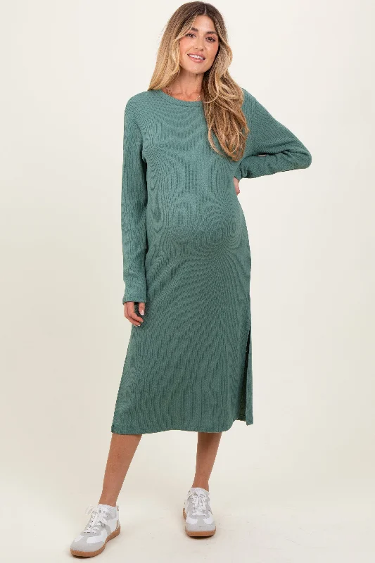 Dry - Clean - Only Casual Dresses for Delicate Fabrics​ Olive Ribbed Knit Long Sleeve Side Slit Maternity Midi Dress