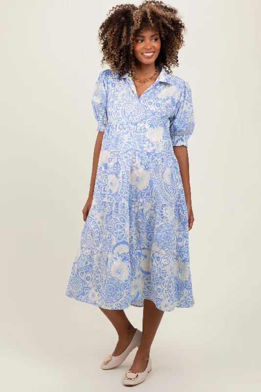 Weekend - Wear Casual Dresses for a Laid - Back Look​ Periwinkle Floral Collared Tiered Maternity Midi Dress