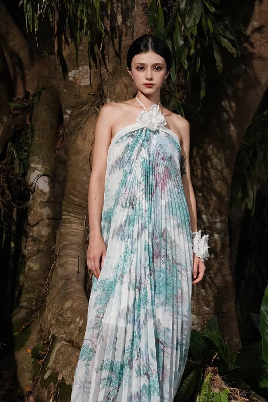 Floral Printed Casual Dresses for Summer​ Olean Halter Pleated Voile Maxi Dress
