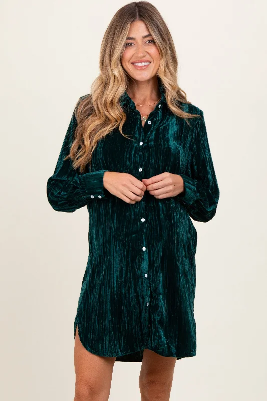 Plus - Size Casual Dresses for a Comfortable Fit​ Forest Green Crinkled Velvet Button Down Maternity Shirt Dress