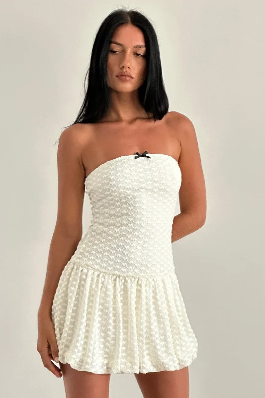 Post - Partum Casual Dresses for New Moms Mistee Bandeau Bubble Hem Mini Dress Lace Ivory Post - Partum Casual Dresses for New Moms Mistee Bandeau Bubble Hem Mini Dress Lace Ivory