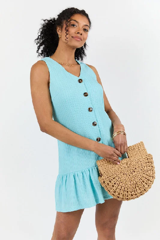 Celebrity - Inspired Casual Dresses for a Fashionable Look Sunset Romance Light Blue Knit Button Front Mini Dress Celebrity - Inspired Casual Dresses for a Fashionable Look Sunset Romance Light Blue Knit Button Front Mini Dress