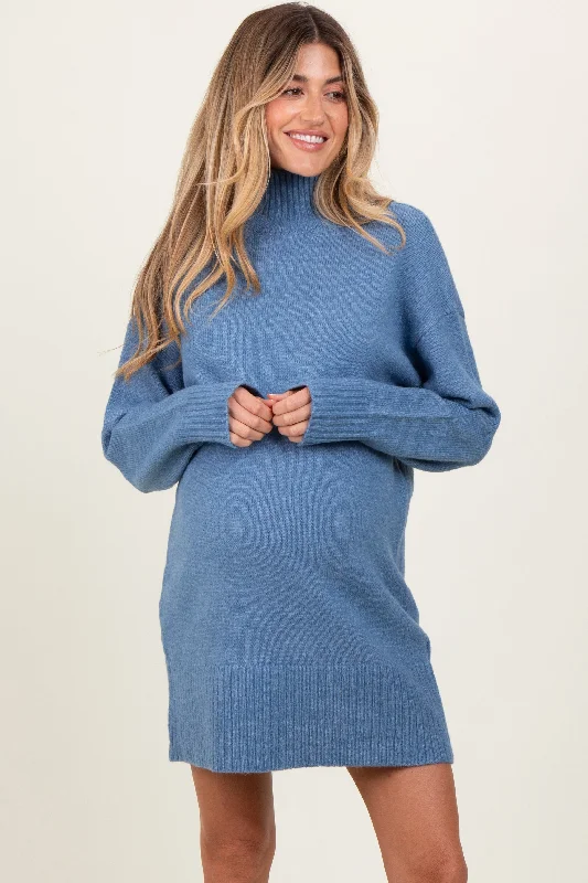 Spring - Season Casual Dresses in Fresh Colors​ Blue Chunky Knit Turtleneck Maternity Mini Sweater Dress