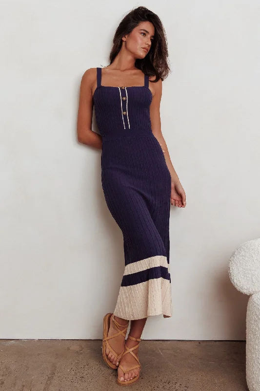 Button - Front Casual Dresses with Decorative Buttons​ Cayla Contrast Ribbed Knit Maxi Dress Navy