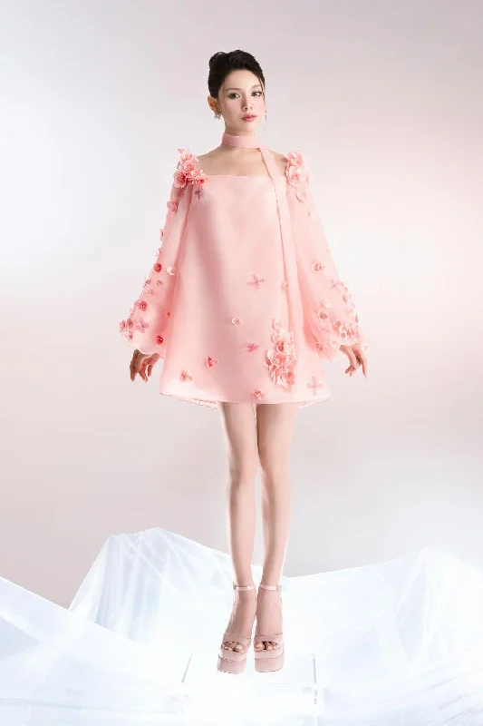 Striped Casual Dresses in Cotton Blend​ Flora Trapezoid Square Neck Organza Mini Dress