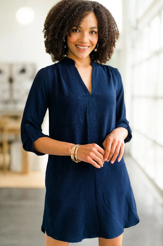 Stretchable Casual Dresses for a Flexible Fit​ Look Around Navy Blue Shift Dress
