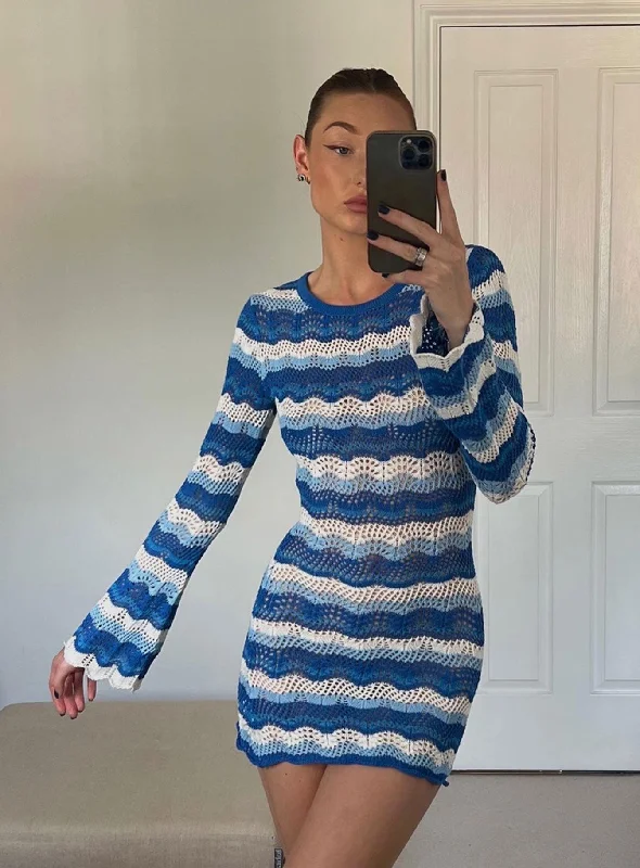 Mini dresses with tassel accents for a fun touch Leah Knit Mini Dress Blue / White