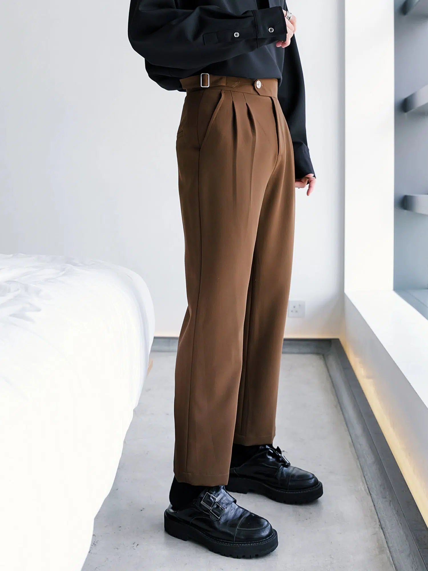 High-Waist Pleated Buckle Pants