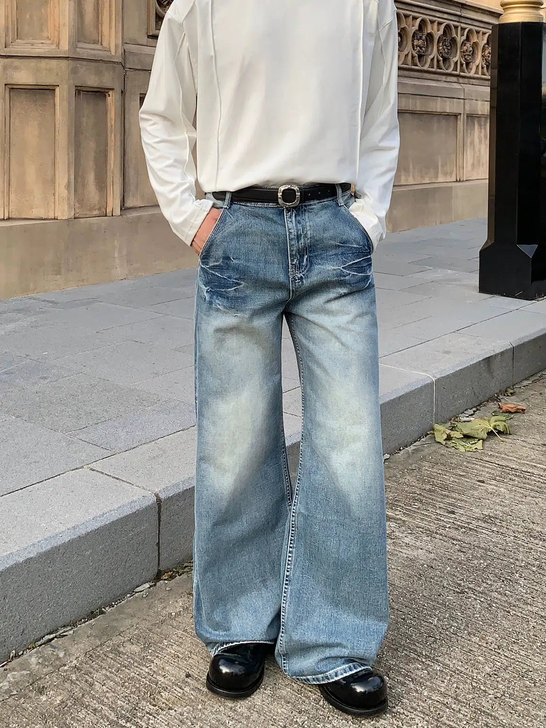 Wide-Leg Distressed Denim Pants