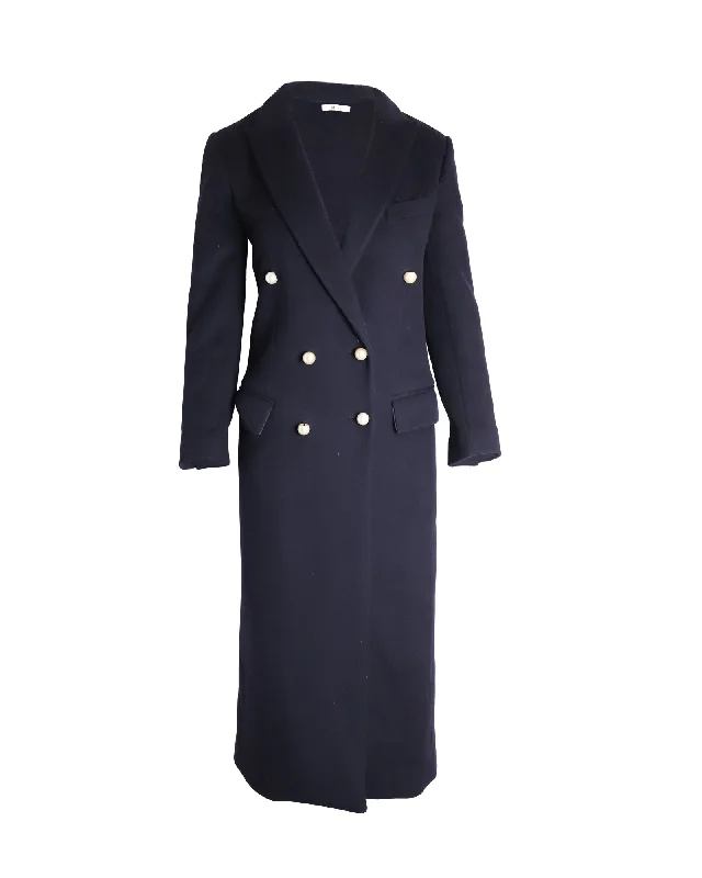 Celine Double-Breasted Long Coat in Navy Blue Lana Vergine