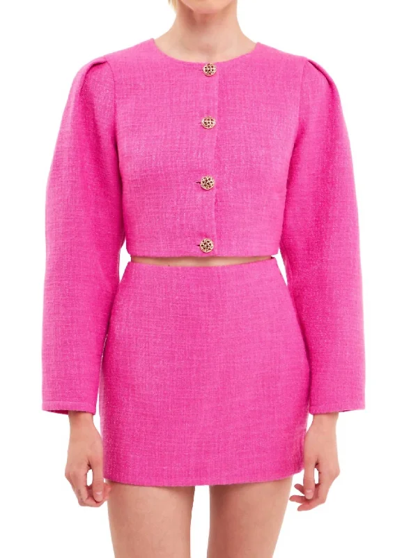 Crop Tweed Jacket In Hot Pink