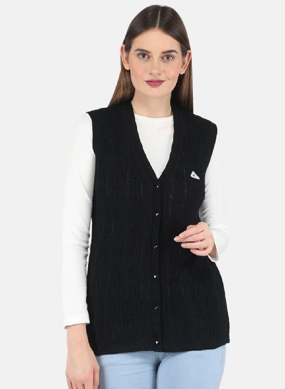 Women Black Self design Cardigan