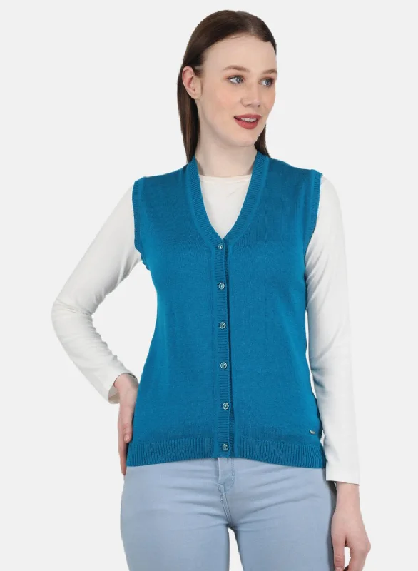 Women Blue Solid Cardigan