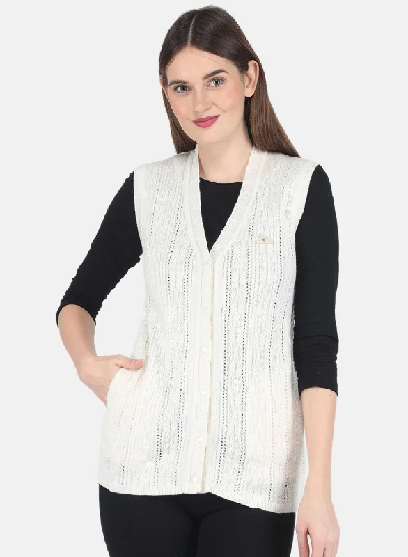 Women Off White Self design Cardigan