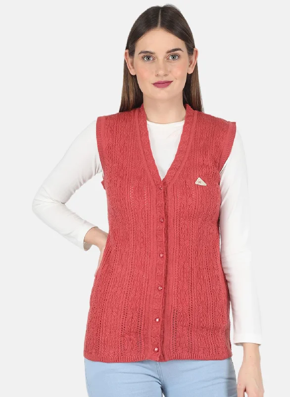 Women Red Self design Cardigan