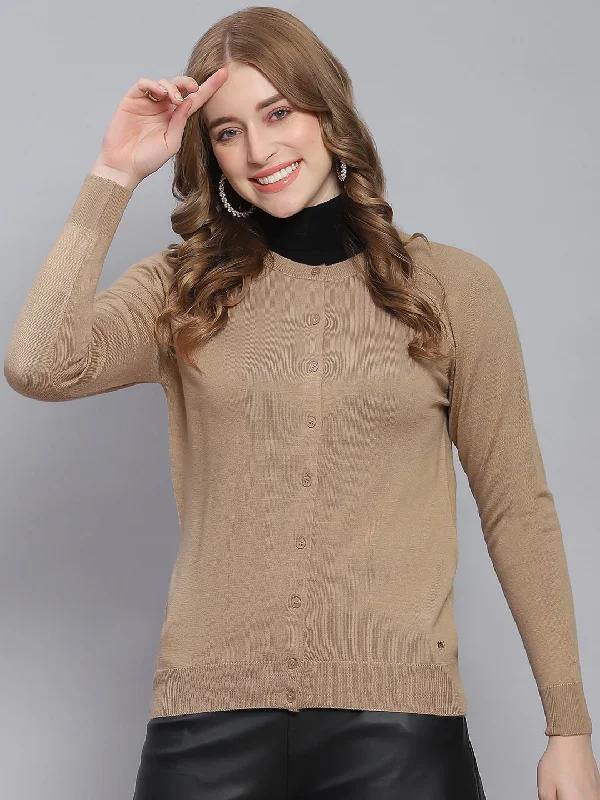 Women Brown Solid Round Neck Full Sleeve Cardigans