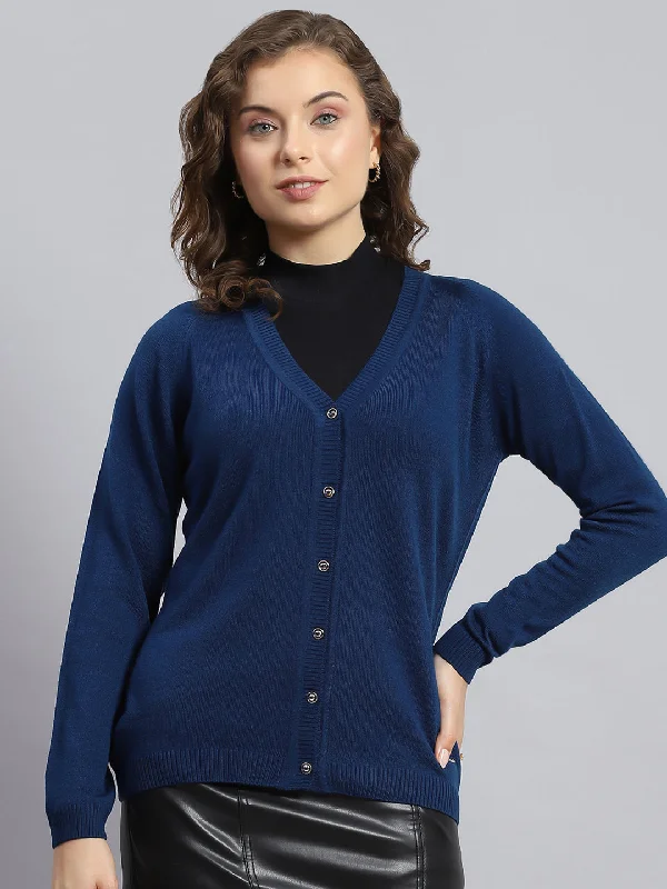 Women Navy Blue Solid V Neck Full Sleeve Cardigans