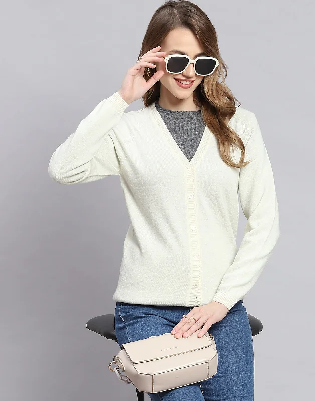 Women Off White Solid V Neck Full Sleeve Cardigans