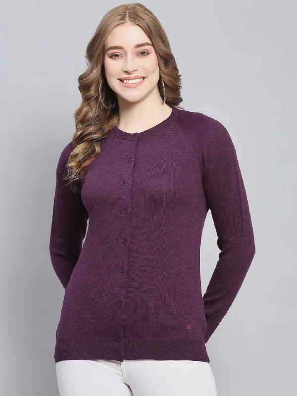 Women Purple Solid Round Neck Full Sleeve Cardigans