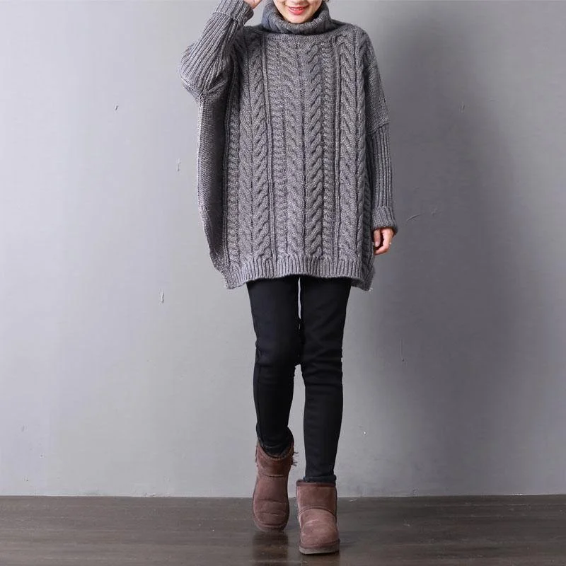 2021 Gray Knit Tops Fall Fashion Knit Sweat Tops High Neck Side Open Sweaters