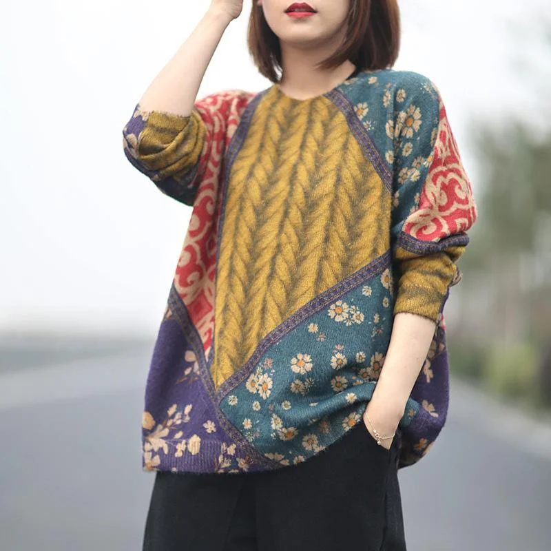 Cute patchwork knit blouse oversized fall knit tops o neck