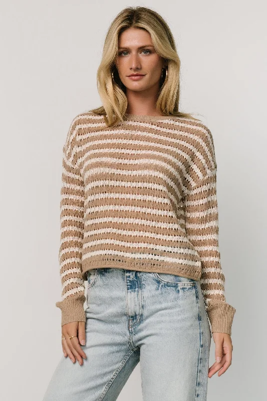 Dawn Open Knit Top | Taupe + Ivory