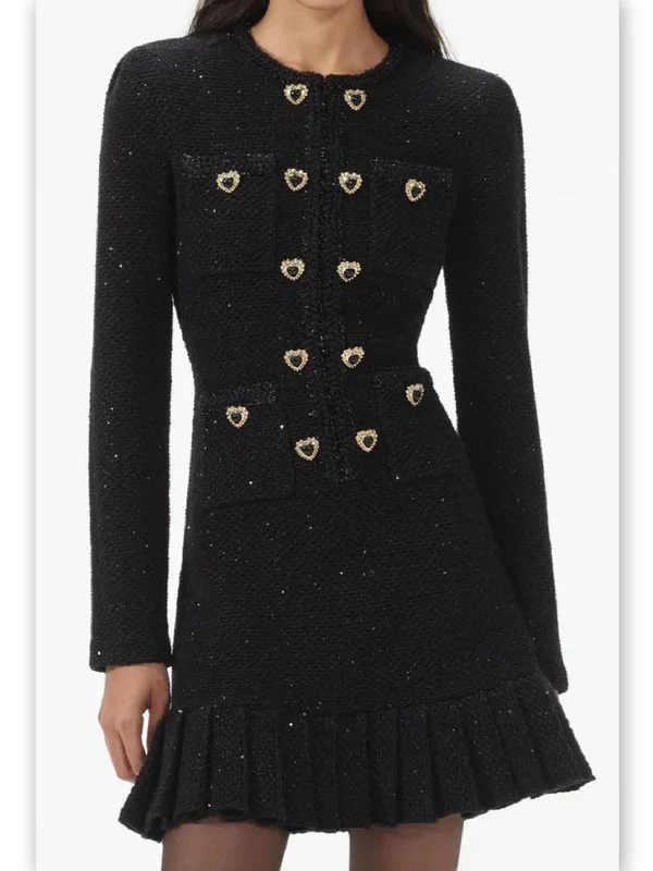 Heart-Decorative-Button-Embellished Black Tweed Mini Dress