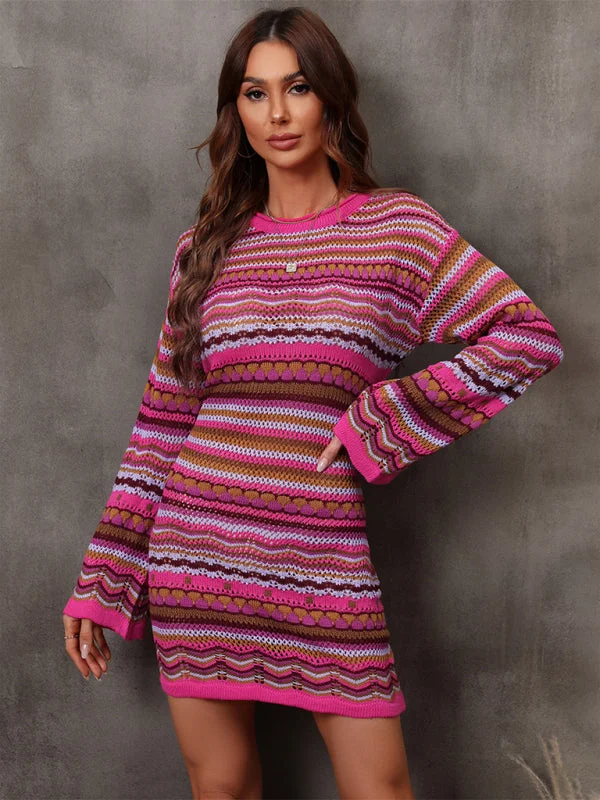 Hollow patchwork striped long knitted dress