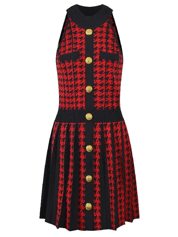 Houndstooth Pleated Mini Dress, Red and Black