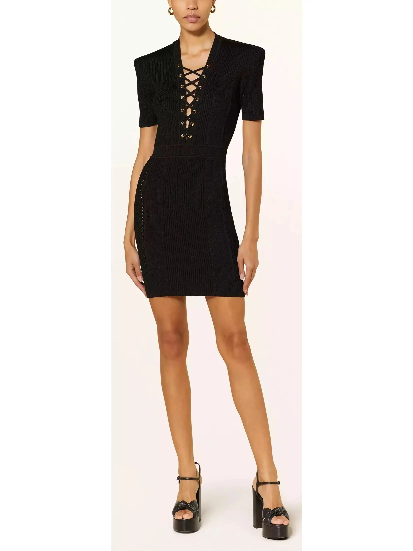 Lace-Up Ribbed Knit Black Mini Dress