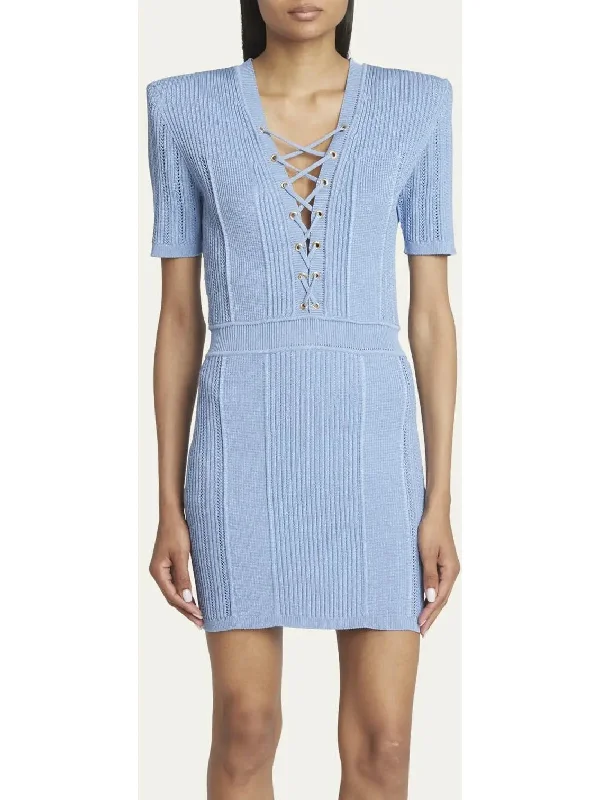 Lace-Up Ribbed Knit Blue Mini Dress