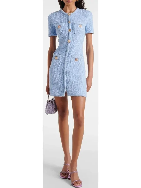 Light Blue Jewel-Button Knit Mini Dress