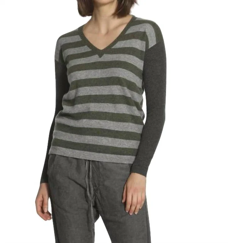 Luxe Stripe V-Neck Pullover In Grey/army/charcoal