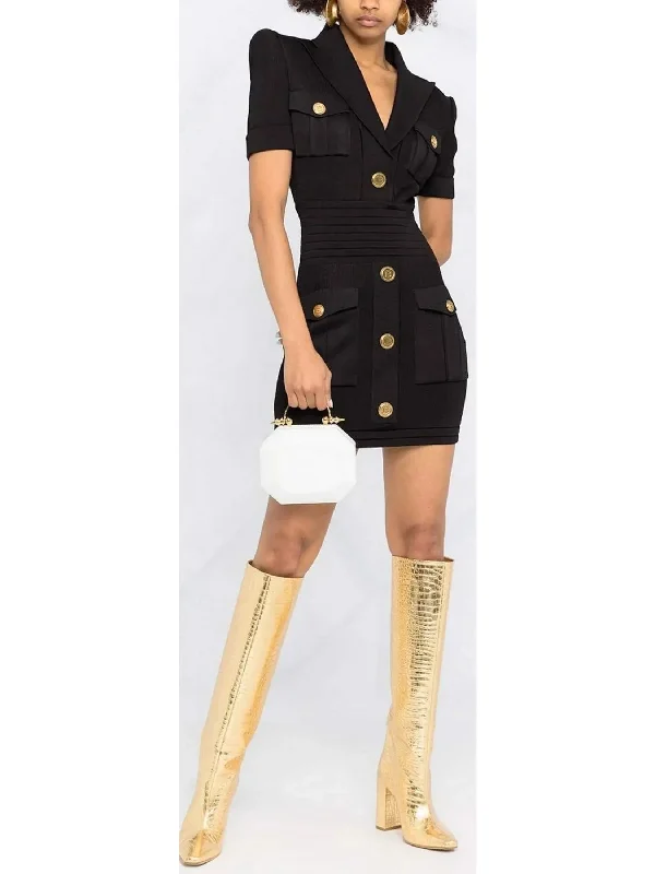 Military Pocket Mini Dress with Gold-Tone Buttons, Black