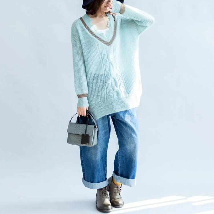 new aumtumn  light blue warm woolen sweater oversized knit tops