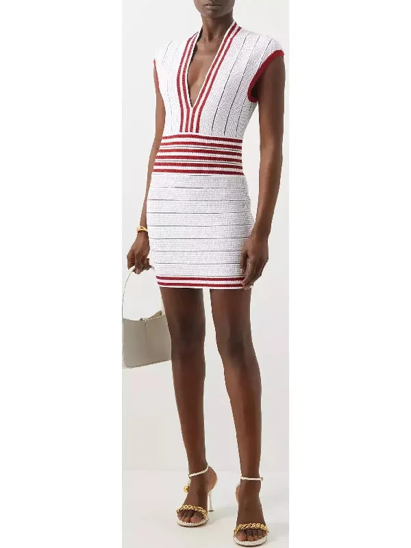 Plunge Striped Knit Mini Dress