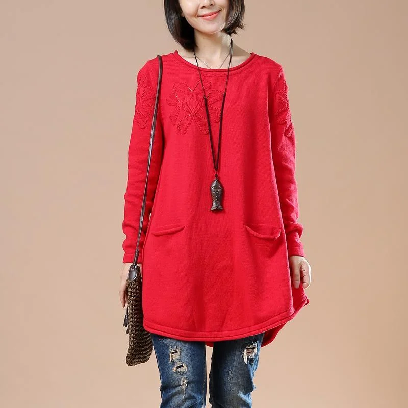 Red oversized sweaters long sleeve knit tops