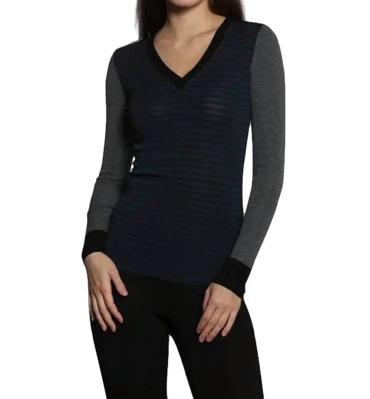 Skinny Rib Vee Pullover In Charcoal/ocean