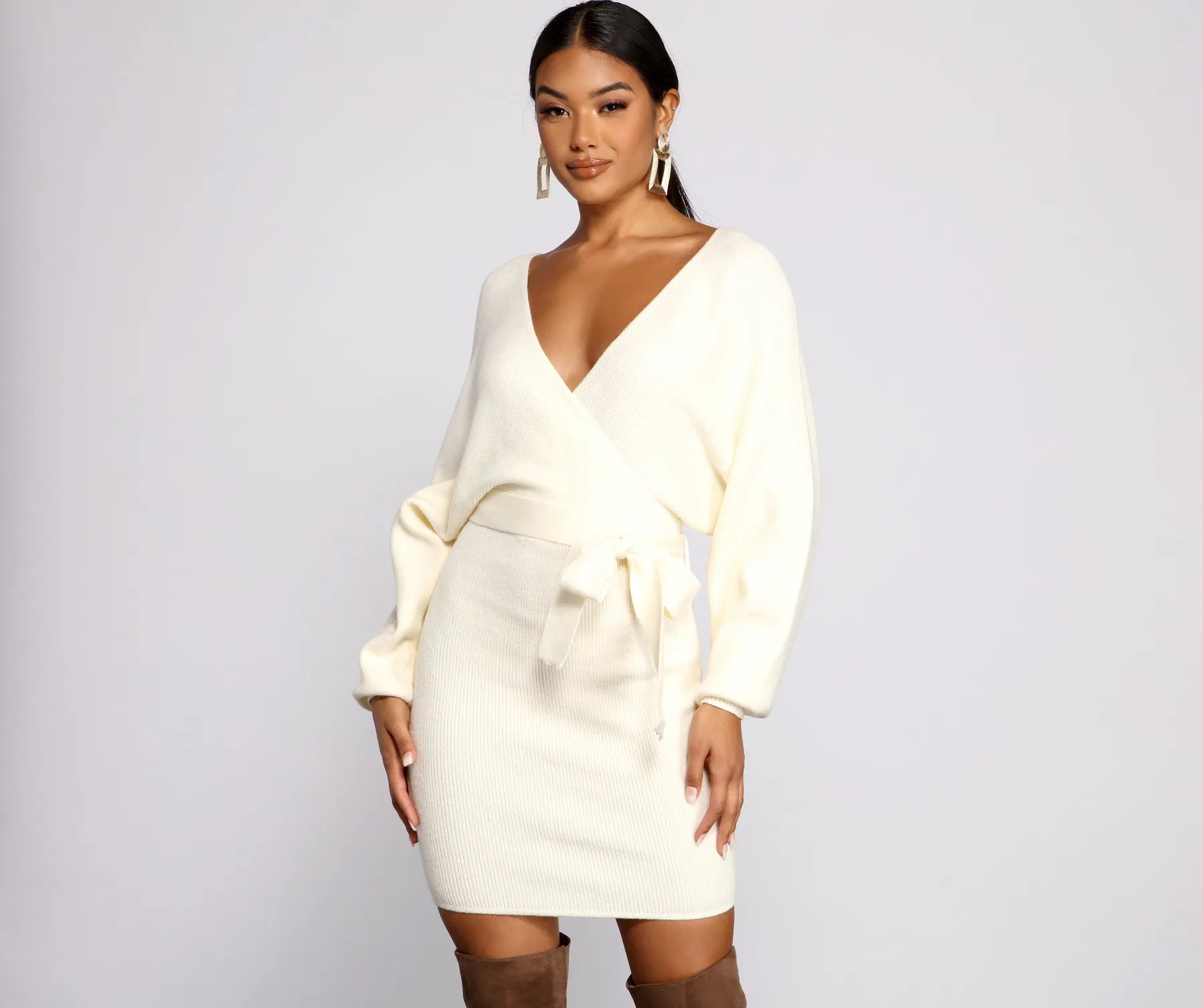 Tie Front Wrap Mini Sweater Dress