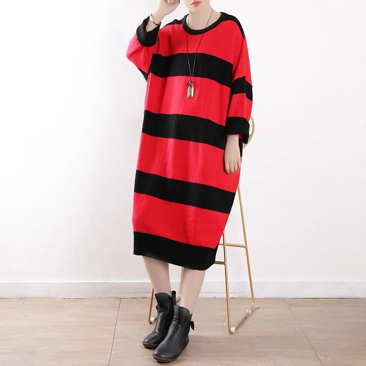 Women o neck Sweater outfits Quotes red striped baggy knit top fall