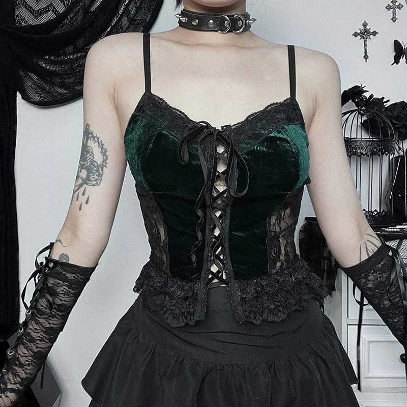 Women's Gothic Lace-up Lace Splice Velvet Tank Top