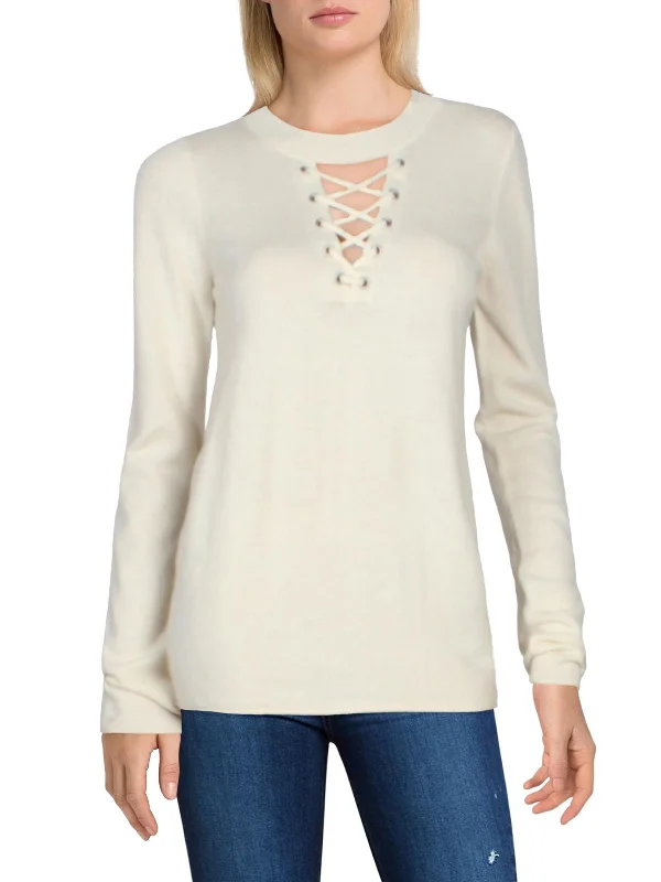 Womens Wool Blend Lace-Up Pullover Sweater