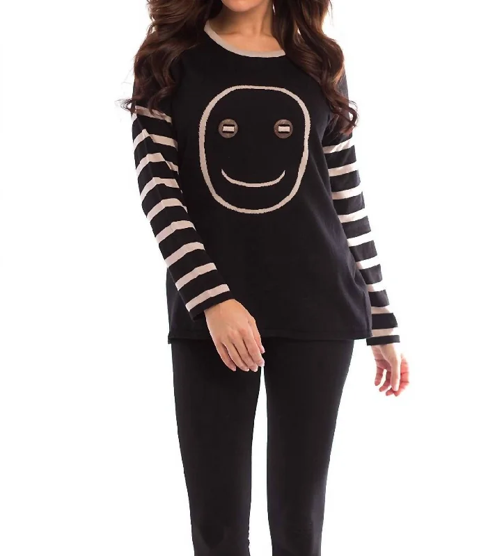 Wood Button Smiley Face Pullover In Black/stone