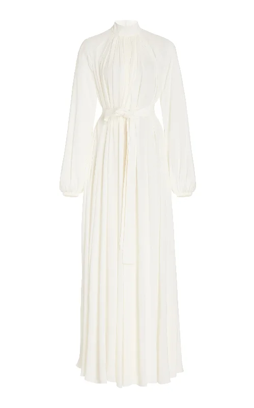 Cedric Pleated Maxi Dress in Ivory Silk Georgette Twill