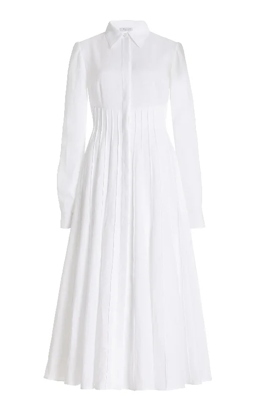 Dewi Pleated Maxi Shirtdress in White Aloe Linen