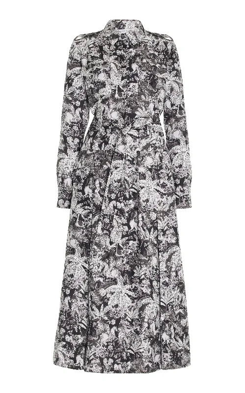 Galway Maxi Shirtdress in Grey Scale Printed Silk Twill