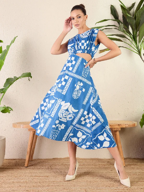 Printed Cotton Poplin Side Cut-Out Midi Dress