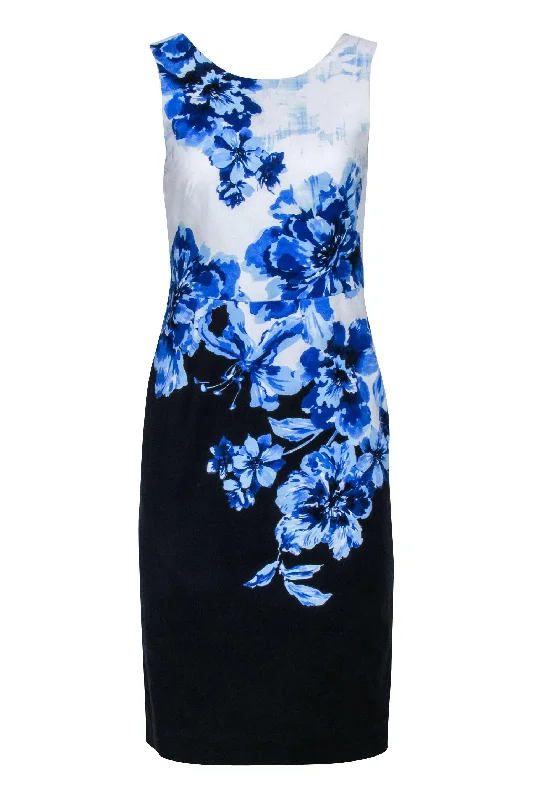 Backless Women Dress for a Sexy and Alluring Look at Evening Events Backless Women Dress for a Sexy and Alluring Look at Evening Events Maeve - Black Contrast Sheath Dress w/ Blue Floral Print Sz 4