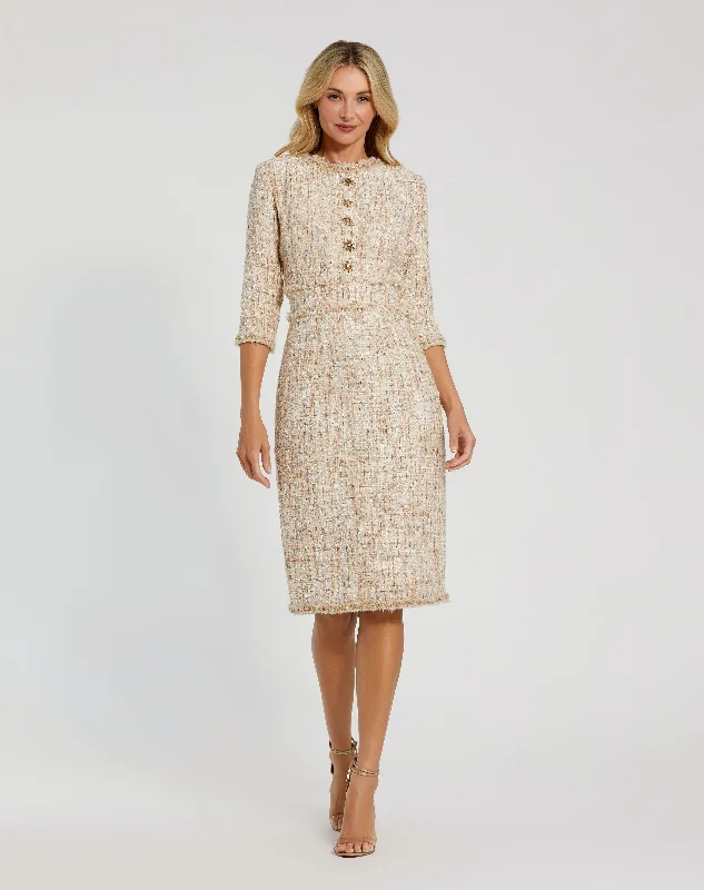 3/4 Sleeve Beaded Trim Patch Pocket Tweed Midi Dress