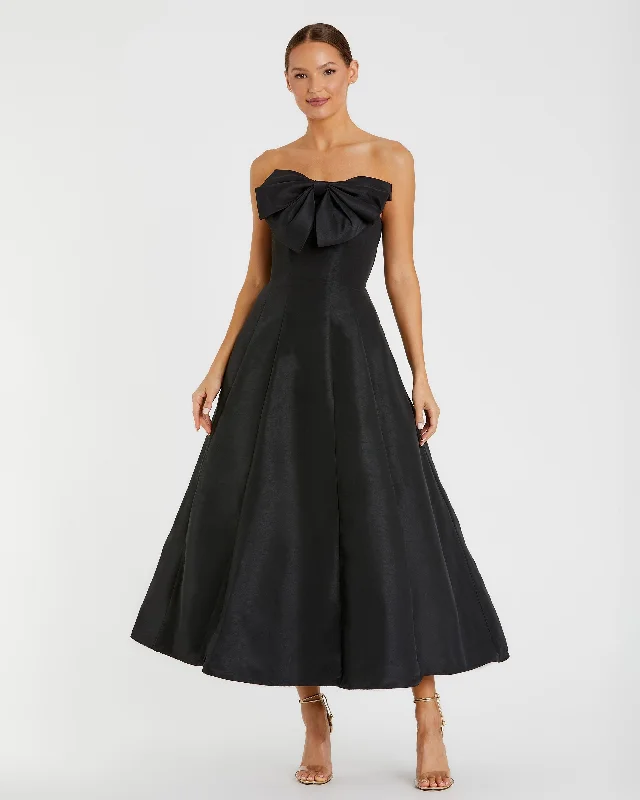 Strapless A-Line Tea Length Statement Bow Dress